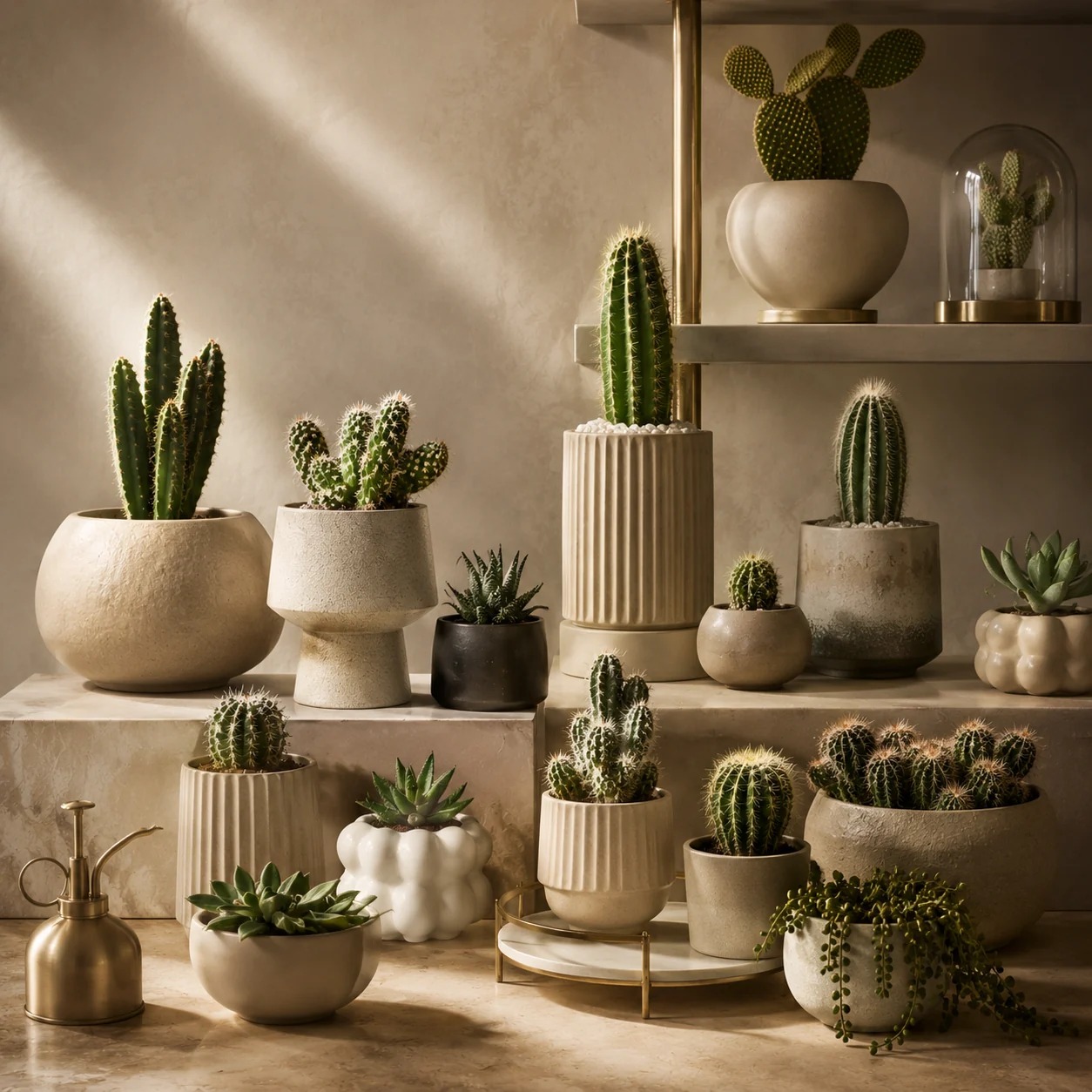 Cacti and succulents displayed in premium indoor pots