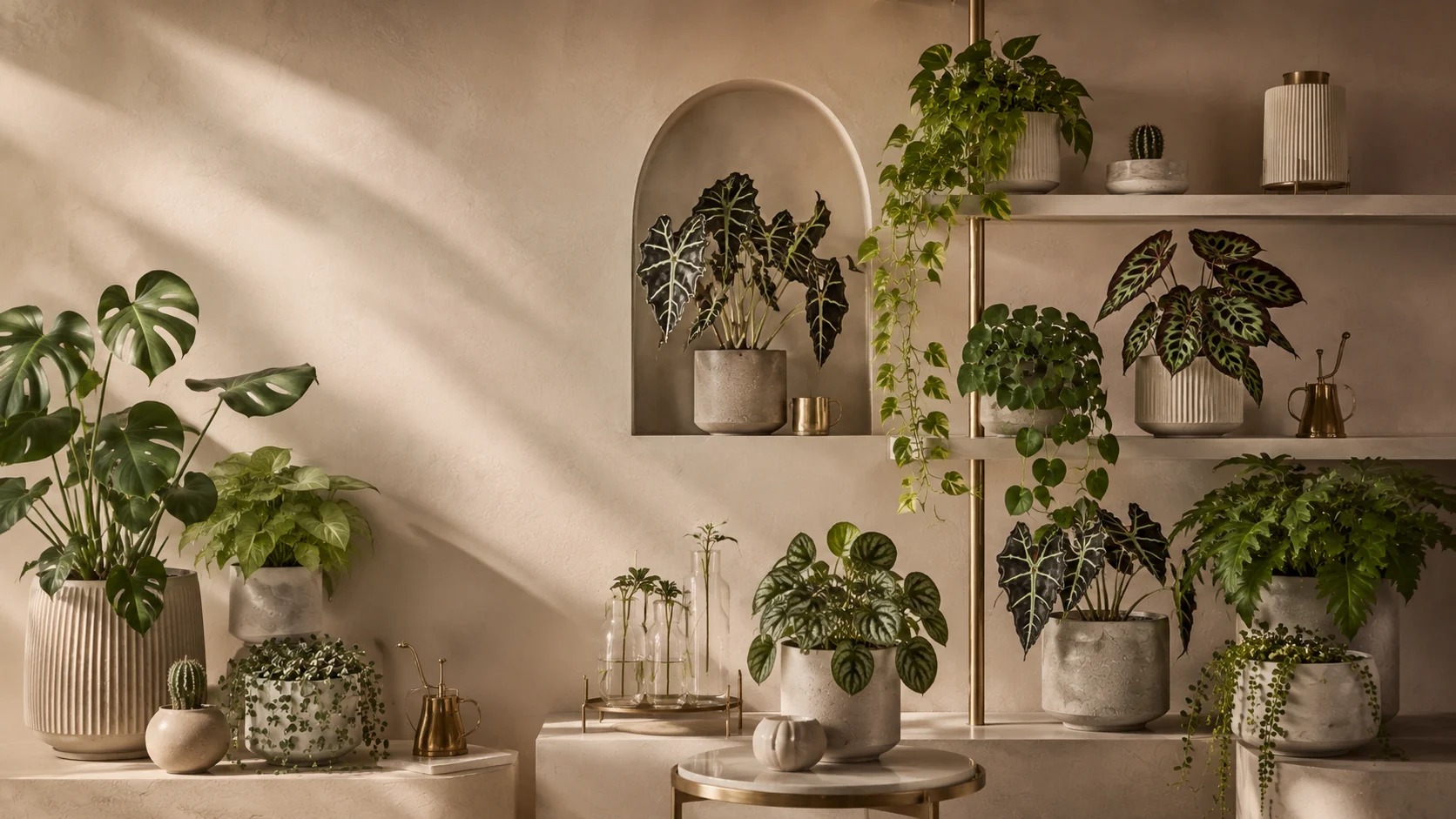 Curated indoor plants arranged in a warm interior