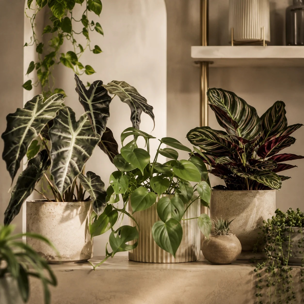 Alocasia, Philodendron and Calathea plants in refined indoor pots