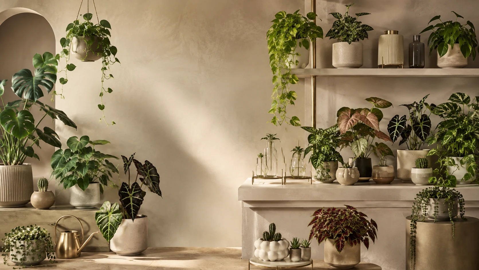 A refined indoor collection of tropical plants, cacti and botanical accessories